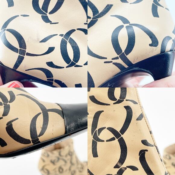 Chanel EU 37 Beige Black Allover CC Logo Pointed Cap Toe Ankle Boots F/W 2000 - Picture 6 of 14